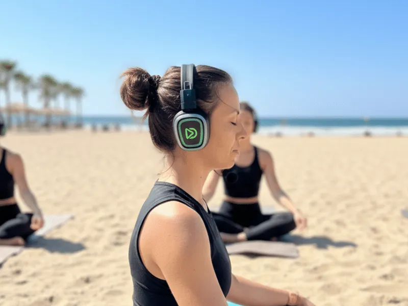 Meditation på stranden med trådløse hovedtelefoner