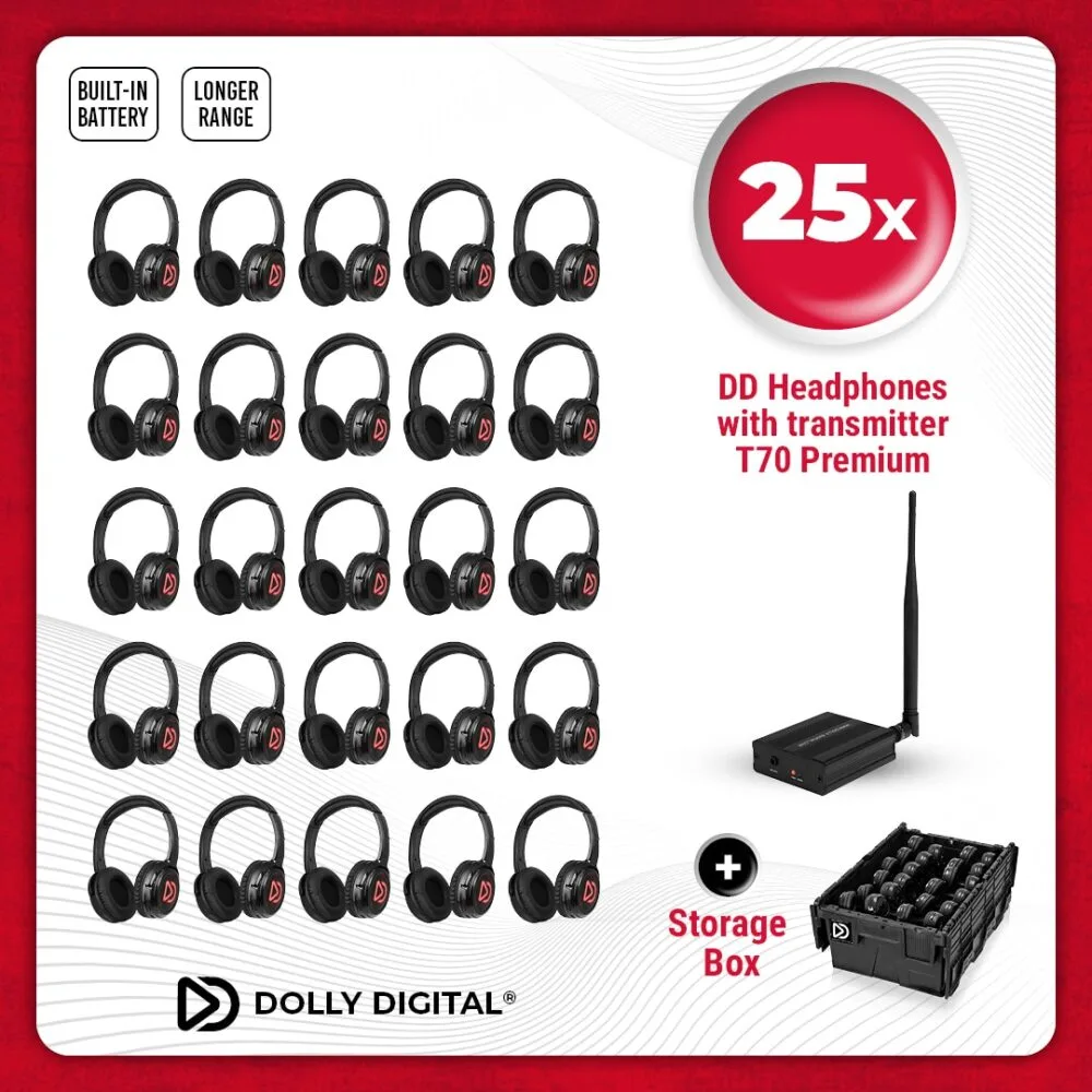 Dolly Digital® Silent Disco Pro Set – 25 wireless headphones for groups including transmitter and storage box