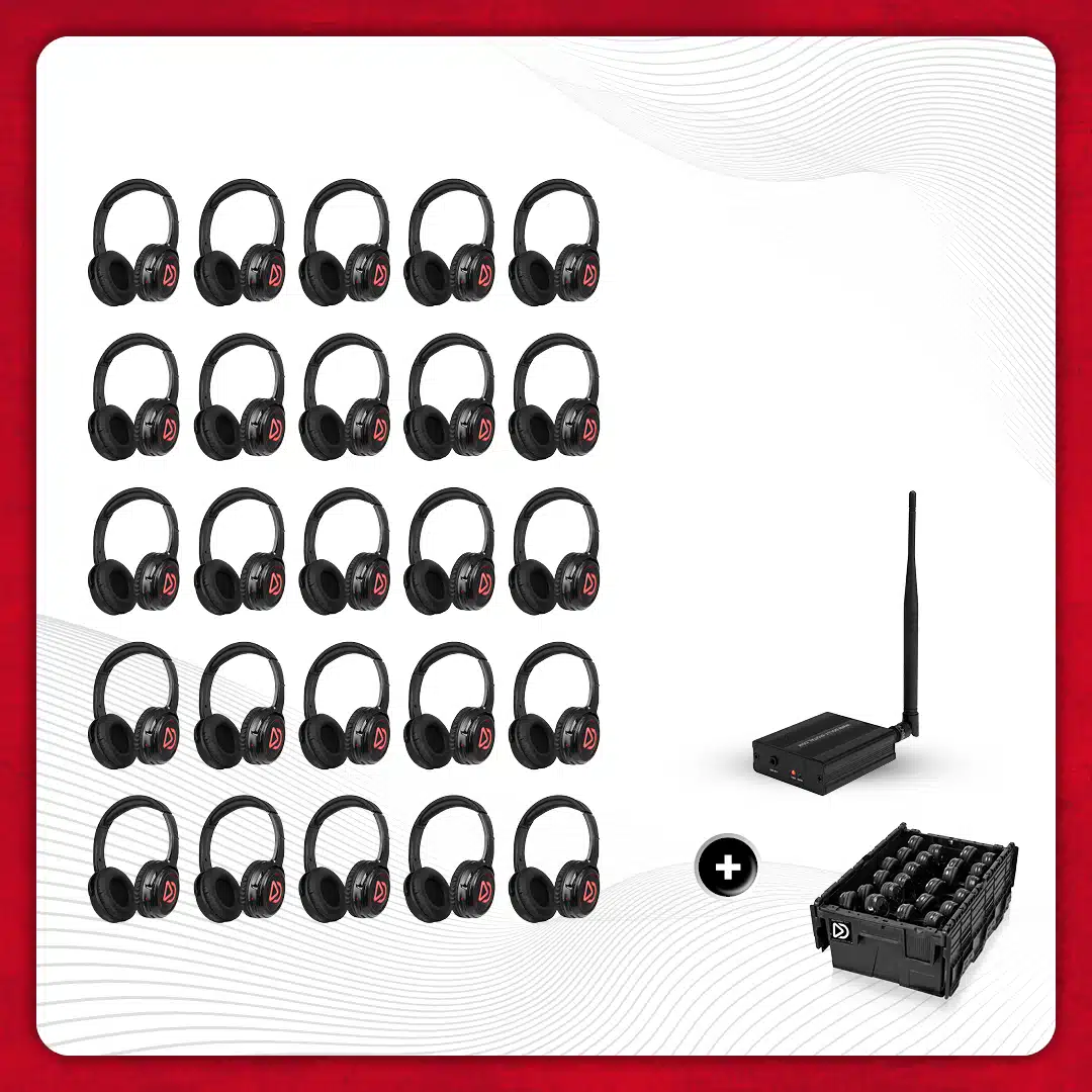 Kit Dolly Digital® Silent Disco Pro – 25 casques sans fil pour groupes, avec émetteur et boîte de rangement