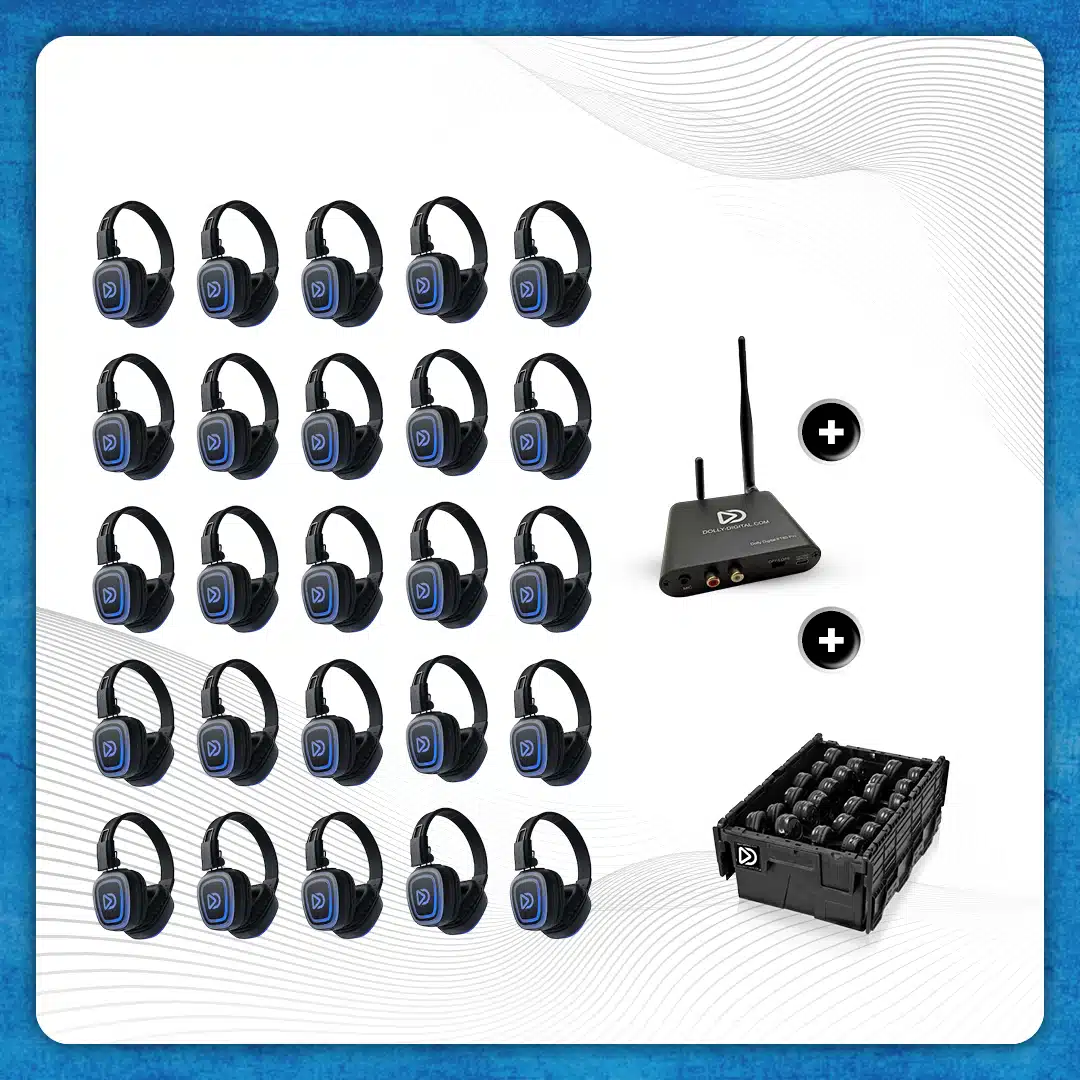 Kit Pro Box FD-Pro 25. Kit pro Silent Disco haut de gamme, émetteur Bluetooth T80 Pro avec boîte de rangement.