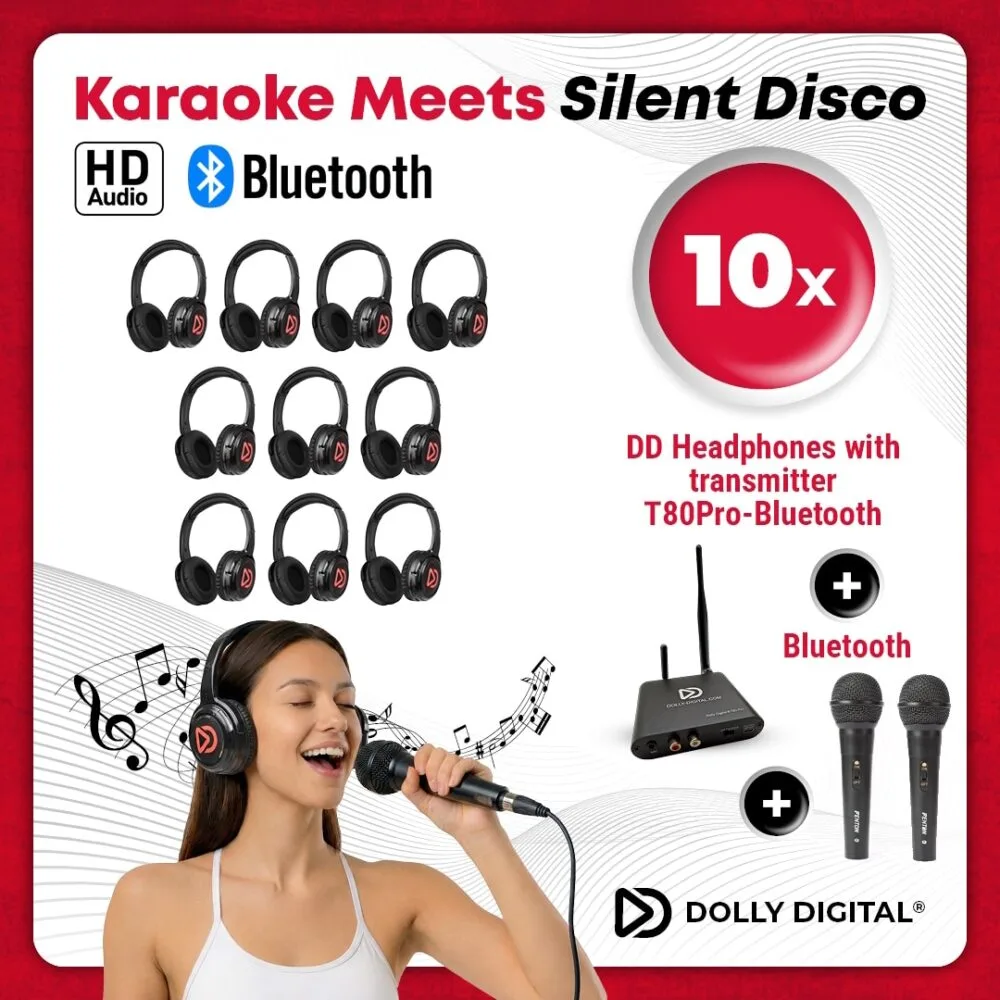 Karaoke Silent Disco set with 10 Dolly Digital® DD Headsets + T80 Pro Bluetooth transmitter