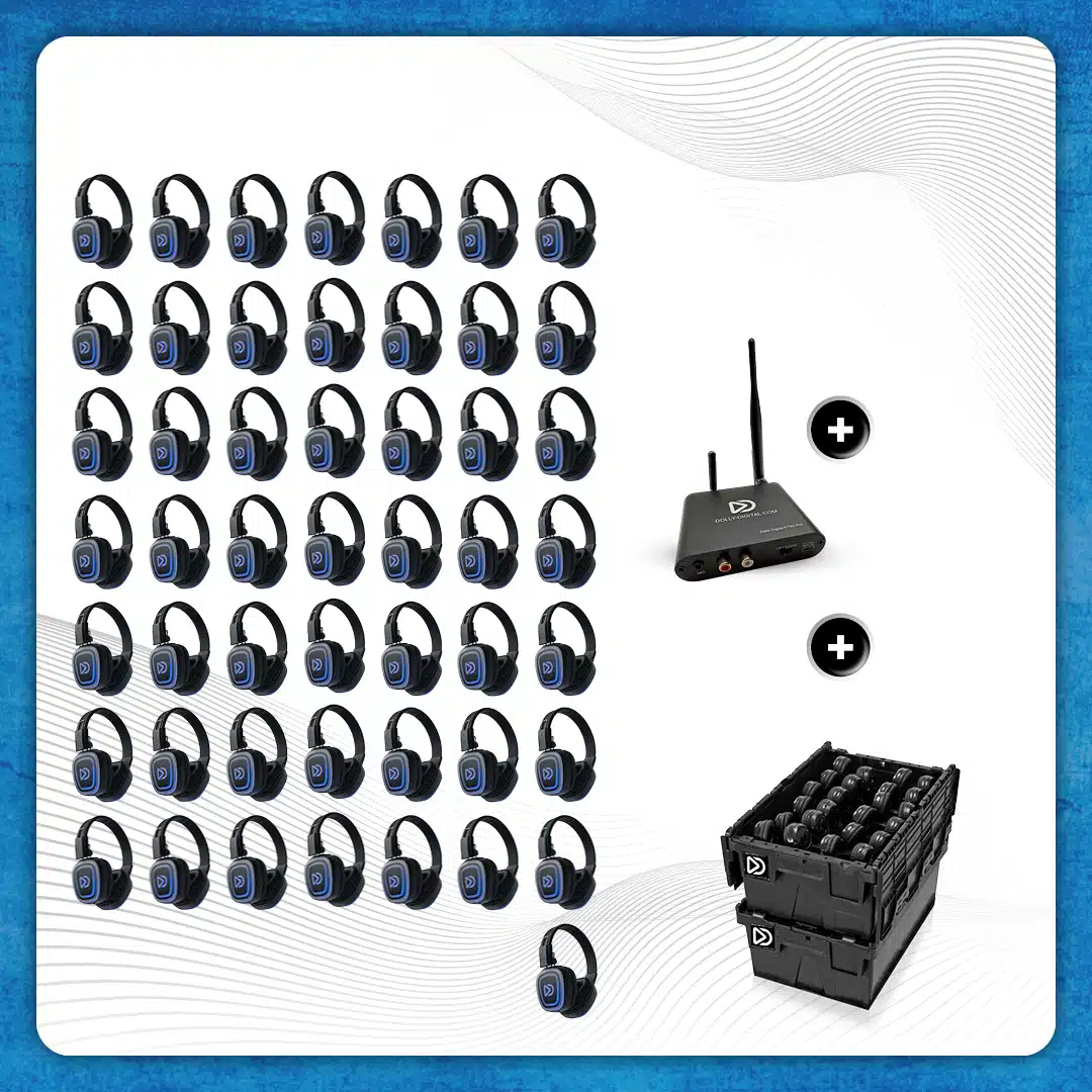 Kit Pro Box FD-Pro 50. Kit pro Silent Disco haut de gamme, émetteur Bluetooth T80 Pro avec boîte de rangement.