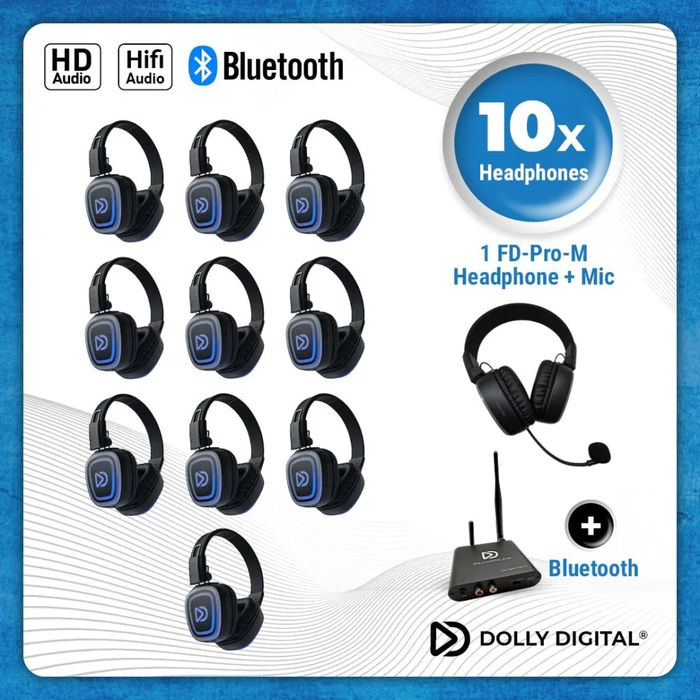 10x type FD-Pro Headsets + 1x Microphone + Bluetooth. Premium Silent Disco pro kit
