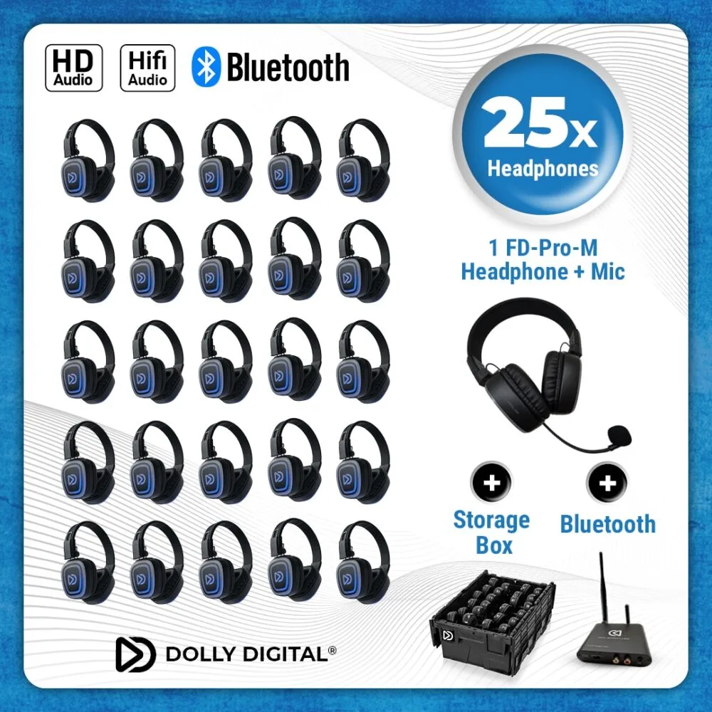 25x FD-Pro headsets + 1x microphone + Bluetooth. Premium wireless headphones for groups. Pro-Kit with storage box.