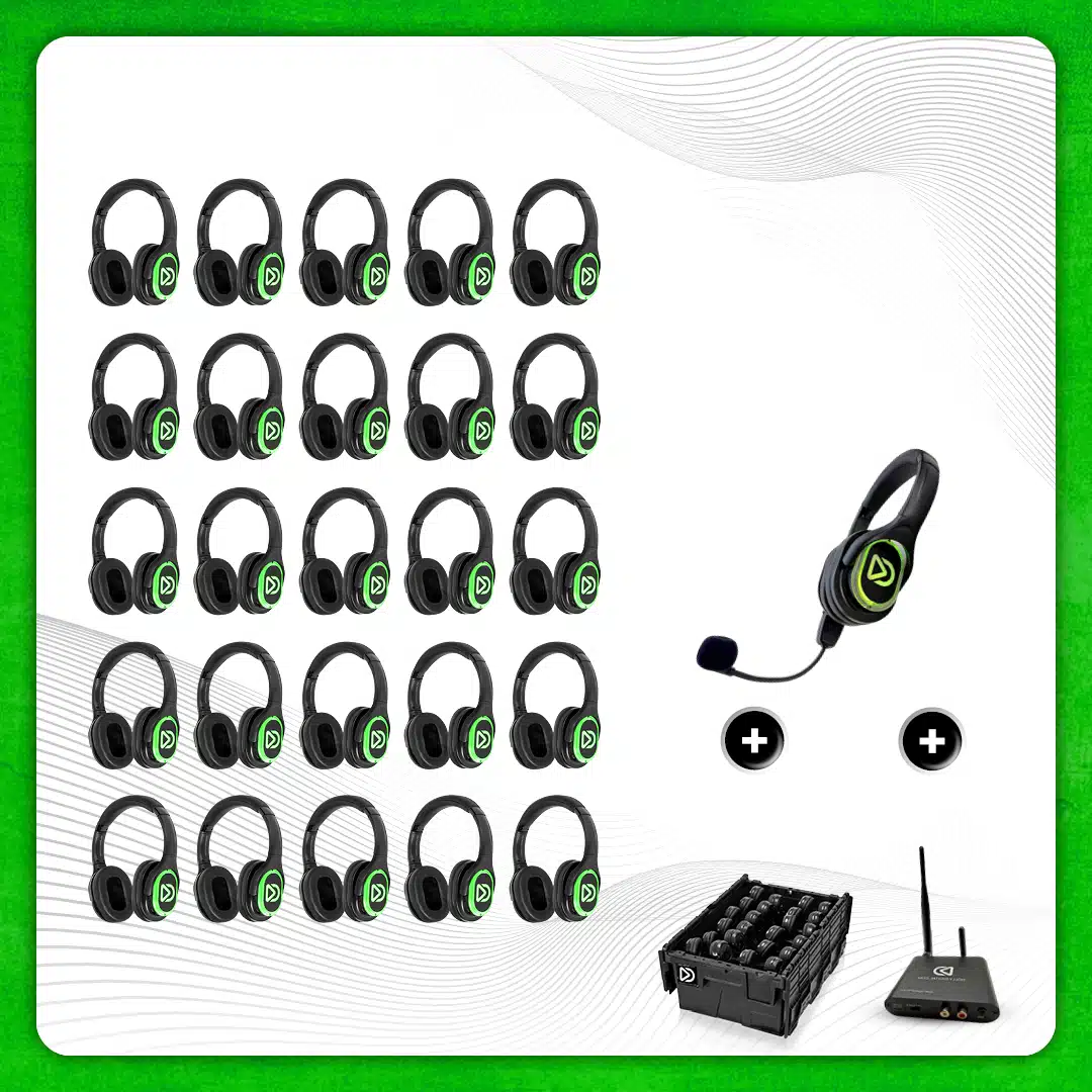 25x type RD-Pro Headsets + 1x Microphone + Bluetooth. Premium Silent Disco pro kit with storage box