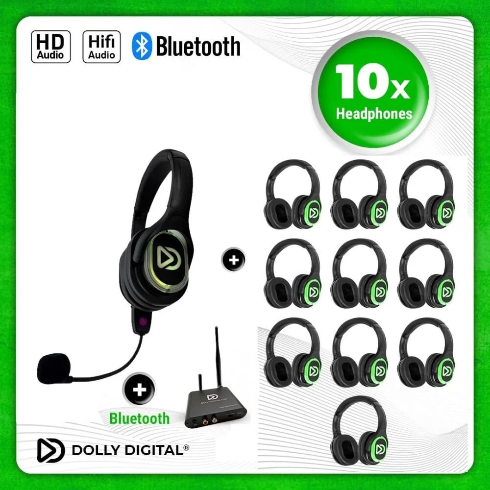 10x type RD-Pro Headsets + 1x Microphone + Bluetooth. Premium Silent Disco pro kit