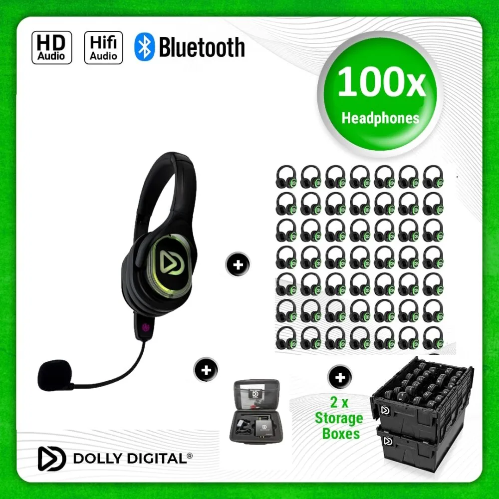 Pro Box RD-Pro 100. Headmounted Microphone. Premium Wireless Headphones for Groups - Pro Kit, T80 Pro Bluetooth Transmitter with Storage Boxes
