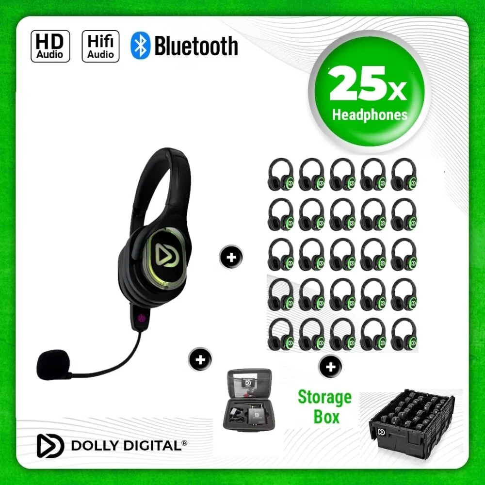 25x type RD-Pro Headsets + 1x Microphone + Bluetooth. Premium Silent Disco pro kit with storage box