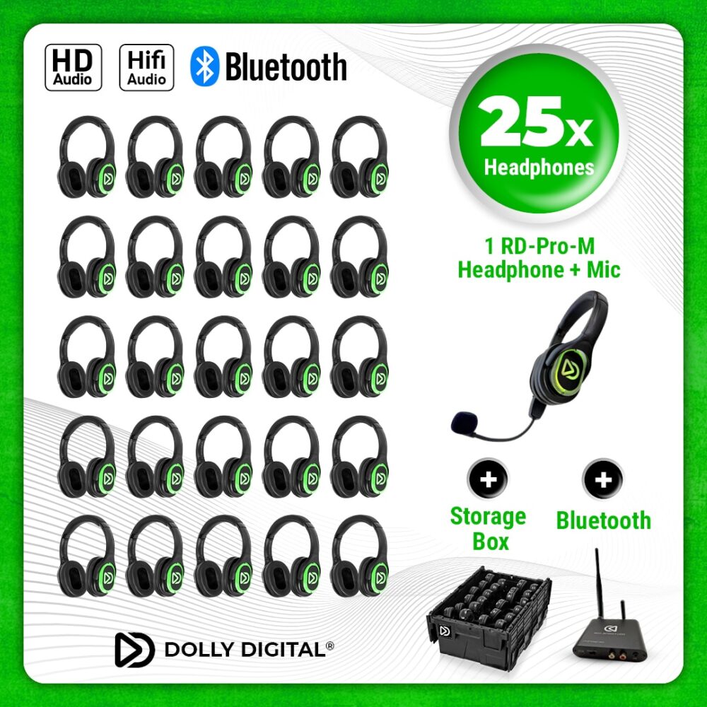25x type RD Headsets + 1x Microfoon + Bluetooth. Premium Silent Disco pro kit met storage box