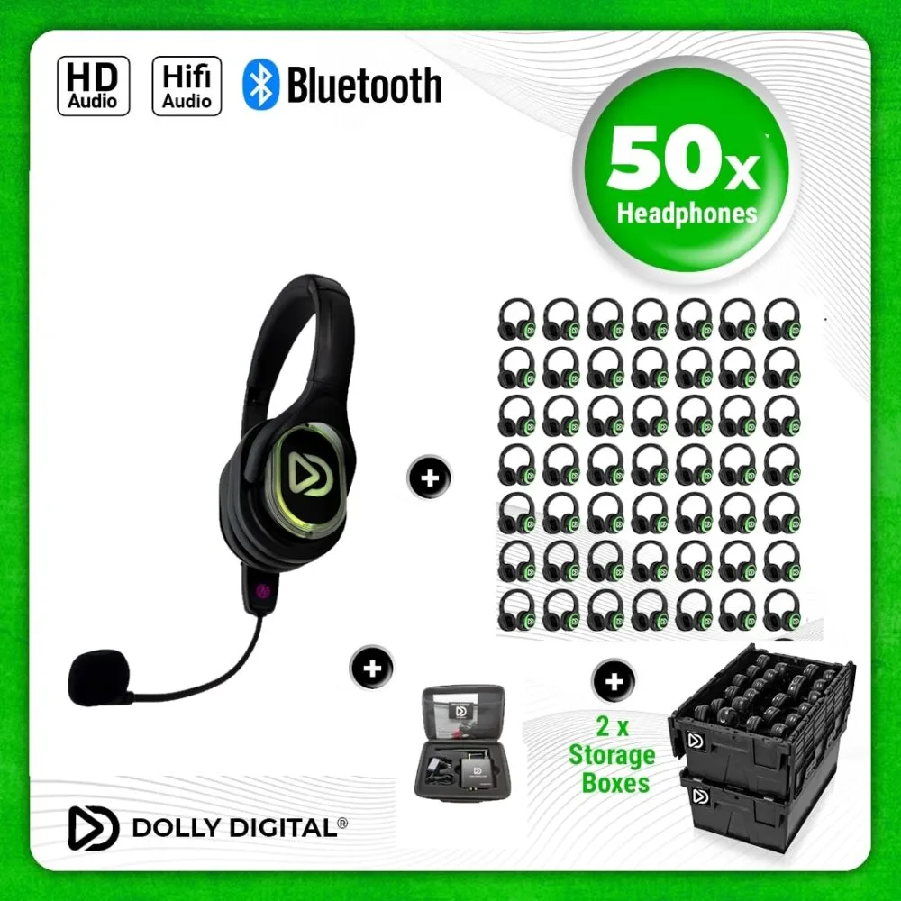 50x type RD-Pro Headsets + 1x Microphone + Bluetooth. Premium Silent Disco pro kit with storage box