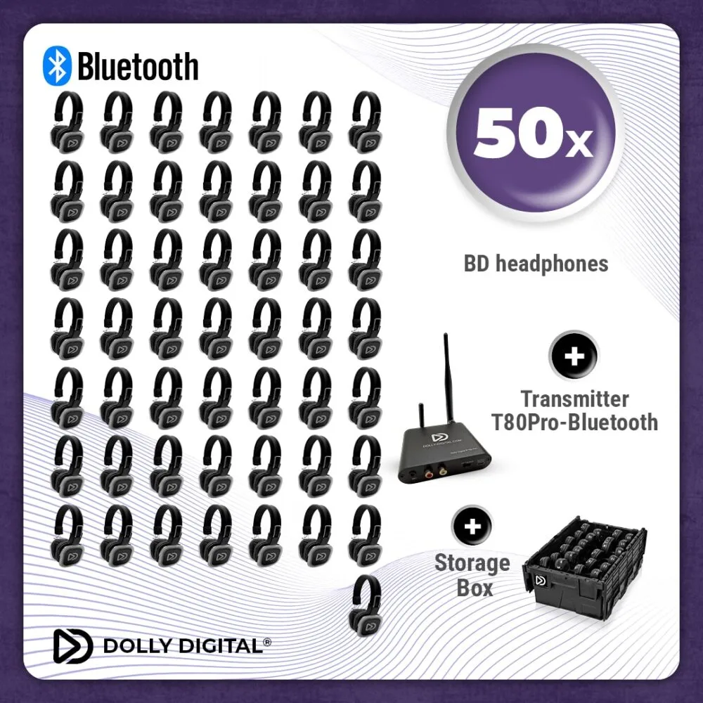 Pro Box BD 50. Silent Disco pro kit with T80 Pro Bluetooth transmitter and 2 storage boxes