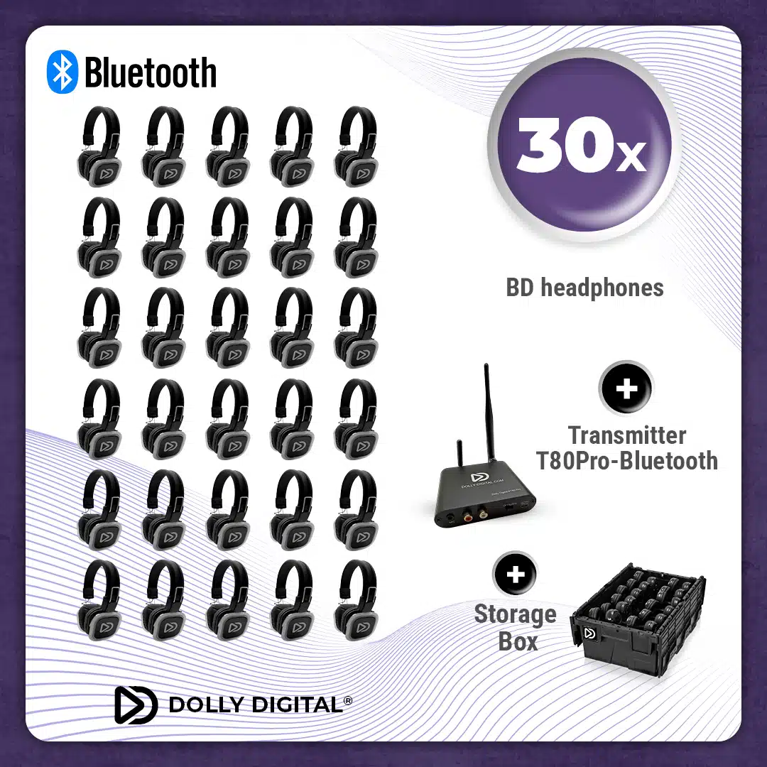Pro Box BD 30. Kit Silent Disco Pro con trasmettitore Bluetooth T80 Pro e scatola di immagazzinaggio