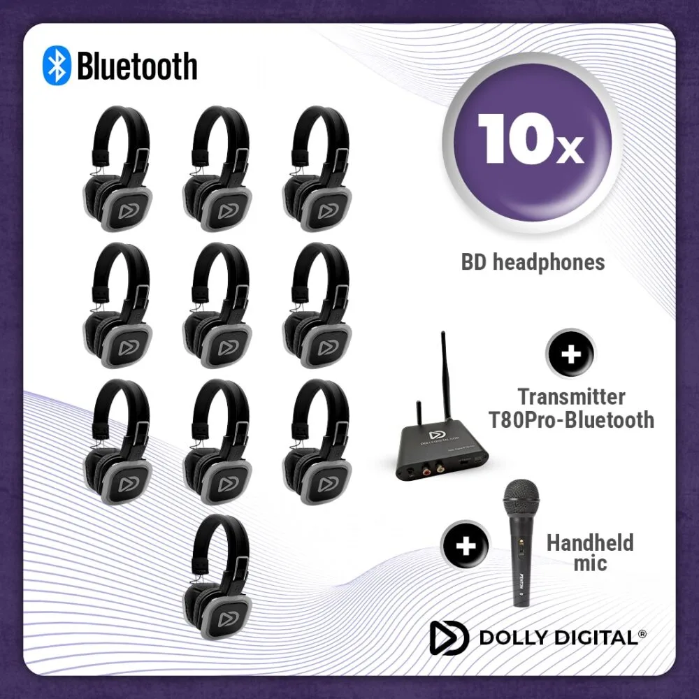 Karaoke Silent Disco set with 10 Dolly Digital® BD Headsets + T80 Pro Bluetooth transmitter