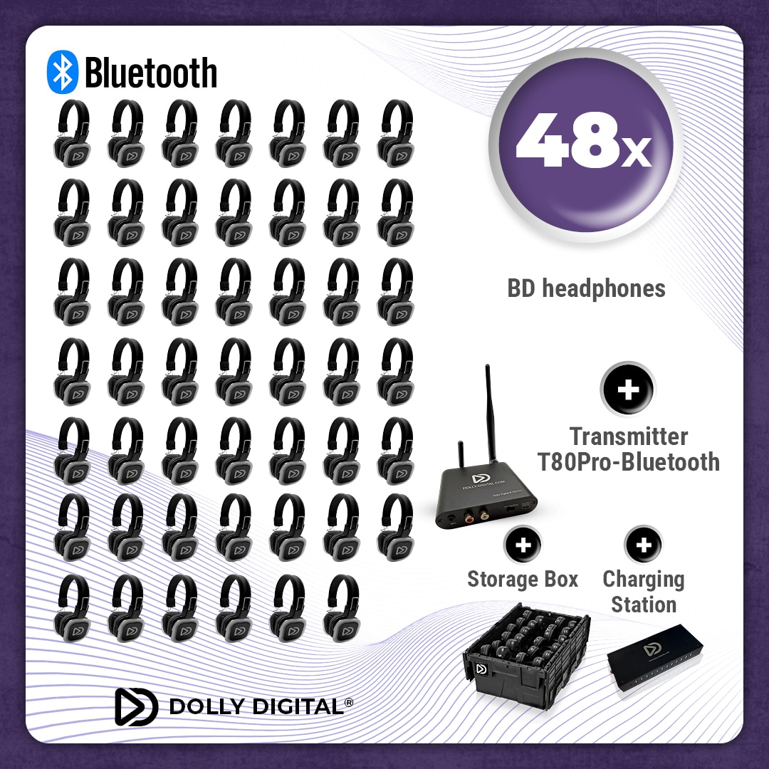 Pro Box BD 48. Silent Disco pro kit met T80 Pro Bluetooth zender, oplaadstation en een storage box