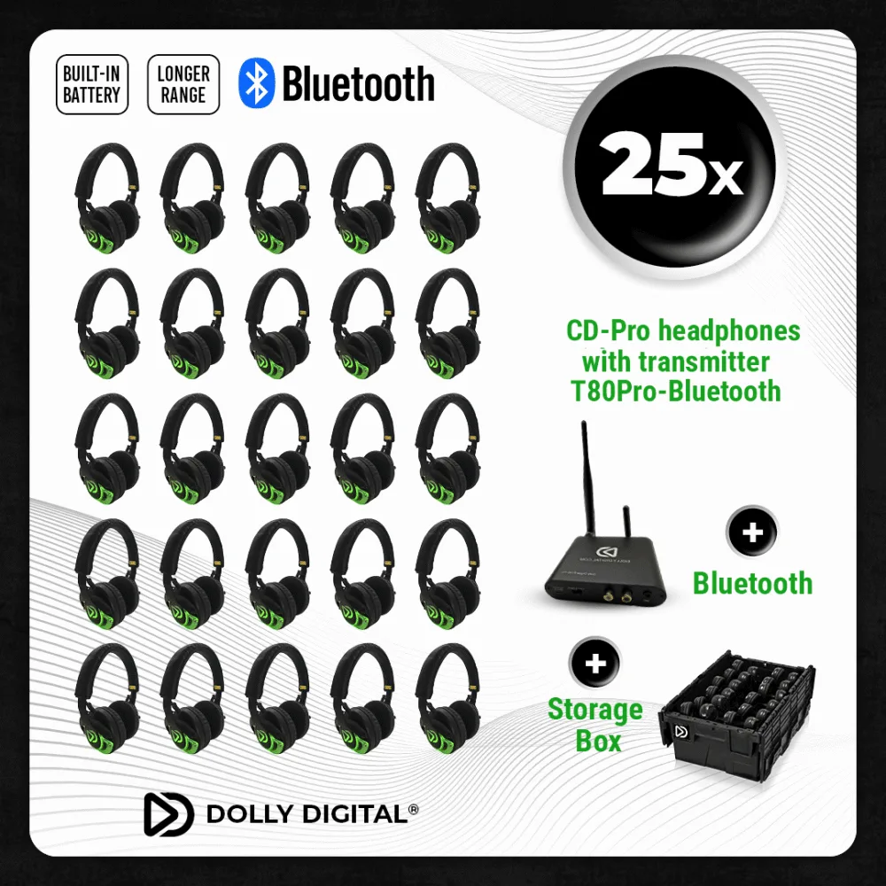 Pro Box CD-Pro 25. Premium Silent Disco pro kit, T80 Pro Bluetooth transmitter with storage box