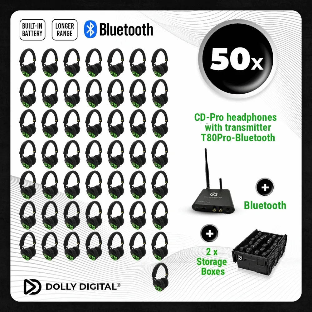 Pro Box CD-Pro 50. Premium Silent Disco pro kit, T80 Pro Bluetooth transmitter with storage boxes